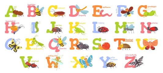 Cartoon insects alphabet. Funny bug letters, comic insect abc for kids and cute bugs vector illustration set. Educational english alphabet with colorful cartoon characters. Elementary school education
