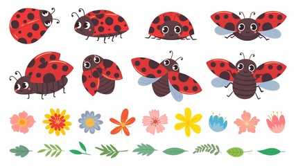 Cartoon ladybug. Cute ladybugs with flowers and leaves, red bug and insects vector illustration set. Funny lady bugs, flower buds and foliage pack. Dotted flying beetle stickers collection