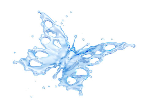 Fresh pure blue water splash. Clean transparent water, liquid fluid wave in translucent butterfly form isolated on white background. Healthy drink fluid 3D splash advertising key visual design element
