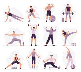 Man sport activities. Strong guy in sport outfit, athletic men trainings and healthy male workout vector illustration set. Different physical training exercises. Stretching, jogging and weight lifting