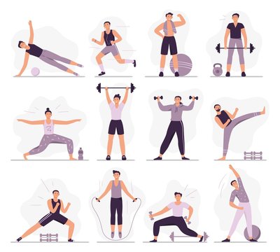 Man sport activities. Strong guy in sport outfit, athletic men trainings and healthy male workout vector illustration set. Different physical training exercises. Stretching, jogging and weight lifting