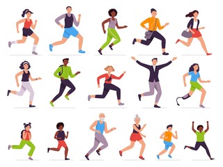 Fototapeta na wymiar People run. Running person, fast girl and sprinting boy. Jogging kids, man and woman. Runners characters vector illustration set. Athletes training, children late for school. Healthy lifestyle, haste