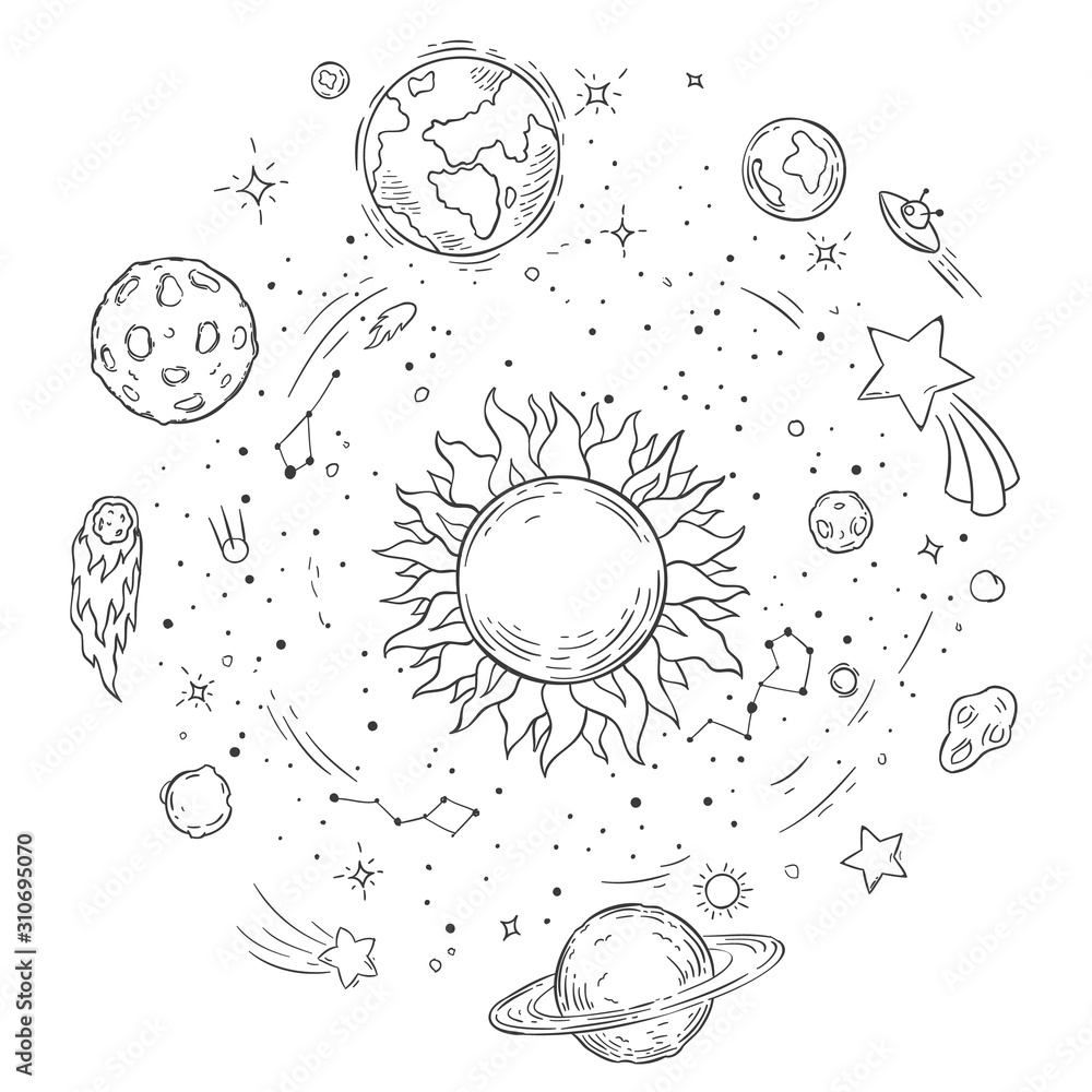Wall mural doodle solar system. hand drawn sun, cosmic comet and planet earth vector illustration. outer space 