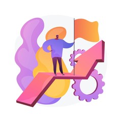 New achievement. Business development. Successful businessman, confident entrepreneur, winner with flag. Man standing on rising arrow. Vector isolated concept metaphor illustration