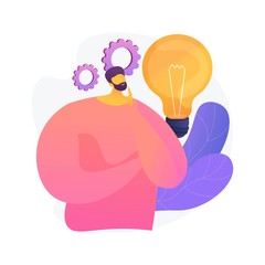 Business idea generation. Plan development. Pensive man with lightbulb cartoon character. Technical mindset, entrepreneurial mind, brainstorming process. Vector isolated concept metaphor illustration