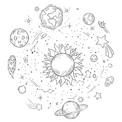 Doodle solar system. Hand drawn sun, cosmic comet and planet earth vector illustration. Outer space outline coloring book drawing. Celestial bodies spinning around star. Astronomy concept © Tartila