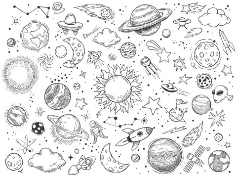 Space doodle. Astrology doodles, sketch space universe planets and hand drawn cosmic rocket vector illustration set. Monochrome celestial bodies, spacecrafts and astronomy symbols drawings pack