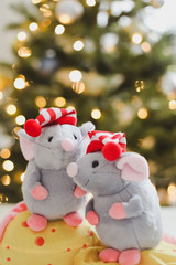 Little mouse toy, symbol of 2020. new year decoration. New Year 2020 Symbol. Greeting Christmas card.  Selective focus.