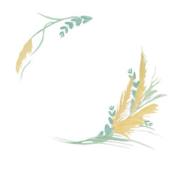 Watercolor round frame of light yellow pampas grass and eucalyptus twigs. It is great to use wedding, and not only, invitation cards, postcards, photo albums, web sites and many other creative fields.