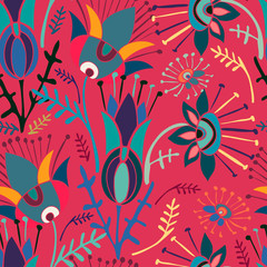 Modern seamless vector botanical colourful pattern with detailed silhouettes of decorative flowers. Can be used for printing on paper, stickers, badges, bijouterie, cards, textiles.