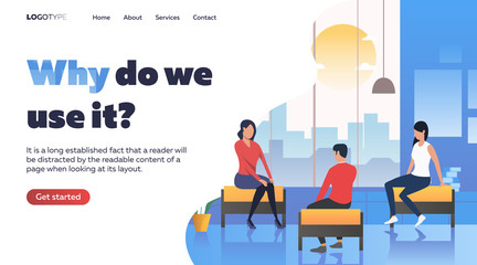 People talking to each other indoors. Bench, building, sitting flat vector illustration. Free time and leisure ativity concept for banner, website design or landing web page