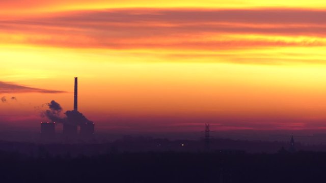 Coal power station. Sunset. 4K, UHD, 50p, Cinematic,						