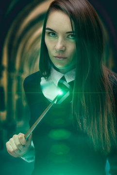 The Girl Wizard With A Magic Wand. Dark Magic,