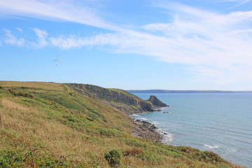 Paraglider above Newgale Beach, St Brides Bay, Wales	