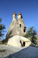Unusually shaped cliffs of volcanic origin in the Pashabag Valley in the Cappadocia region in Turkey.