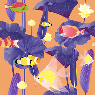 Different exotic tropical fish, algae, palm tree leaves and inflorescence of water lily. Vector illustration. Delicate blue background. Endless pattern.