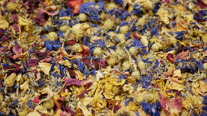 Herbal tea dried blend mixture of rose, cornflower, hibiscus, thyme leaf petals and mother-of-tea...