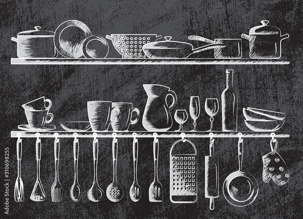 Wall mural kitchen shelves and cooking utensils. hand drawn cartoon doodle vector illustration.