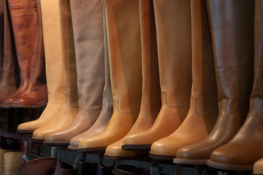 Boots worn by gauchos exposed in a typical costume shop in Rio Grande do Sul