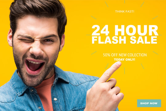 handsome man pointing with finger at 24 hour flash sale illustration and winking isolated on yellow, online shopping concept