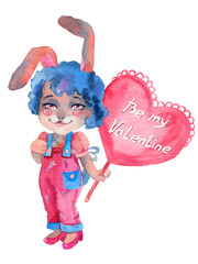 Cute watercolor rabbit illustration. Valentine's Day greeting card for couple. Love, hearts, cute couples of toy animals. For cards, invitations.