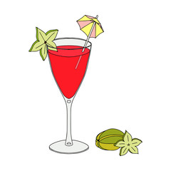 Color vector illustration. Red cocktail with carambola. element for menu design. Hand-drawn.