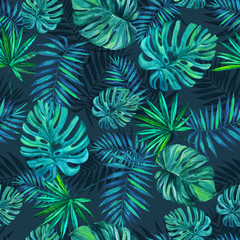 Fototapeta na wymiar Seamless pattern. Tropical plant. Monstera, palm leaves, night. Watercolor drawing. For design, decoration,background, illustration, textiles, and Wallpapers.
