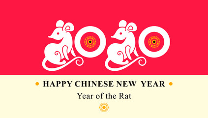 Fototapeta na wymiar Year of the Rat. Chinese New Year. Beautiful template 2020 flat design with two cute white rats on a red background. Year of the metal white rat 2020 vector template.