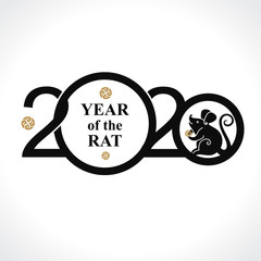 Black template 2020 with a cute rat with a coin. Chinese New Year of the Rat. Happy New Year. Wise Rat 2020. New Year on the Chinese calendar.