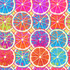 Citrus slices displayed in vibrant rainbow colors, Pop art style seamless vector pattern. - 310701846