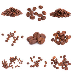 collage of Coffee beans isolated on a white background area for copy space.