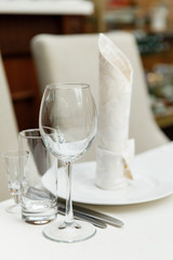 Table set for wedding or another catered event dinner. Party, cater.