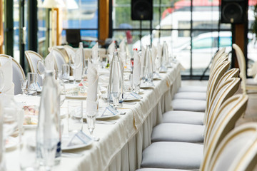 Table set for wedding or another catered event dinner. Party, cater.