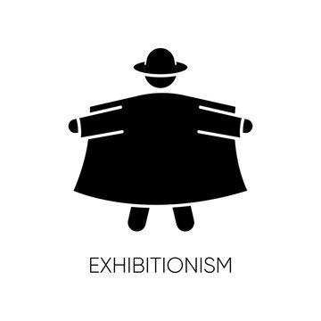 Exhibitionism glyph icon. Pervert in open coat. Deviation and perversion. Inappropriate erotic behaviour. Paraphilia. Mental disorder. Silhouette symbol. Negative space. Vector isolated illustration