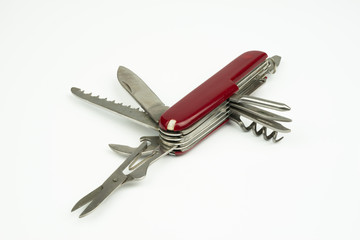 Close up of Swiss style multipurpose knife, isolated on white background