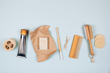 Zero waste cosmetics. Travel set. Flat lay style