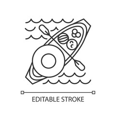 Floating market linear icon. Selling goods and food from boat. Type of trade in Thailand, Indonesia, Vietnam. Thin line illustration. Contour symbol. Vector isolated outline drawing. Editable stroke