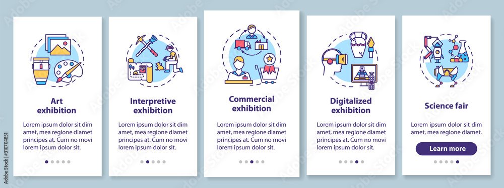 Poster exhibition and museum onboarding mobile app page screen with linear concepts. exposition. science fa