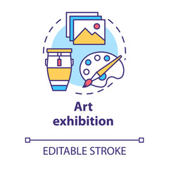 Art exhibition concept icon. Drawing and paintings exposition. Cultural piece. Artwork showcase. Gallery exposition idea thin line illustration. Vector isolated outline drawing. Editable stroke