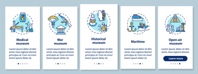 Naklejka premium Exhibition and museum onboarding mobile app page screen with linear concepts. Open-air exposition. Five walkthrough steps graphic instructions. UX, UI, GUI vector template with illustrations