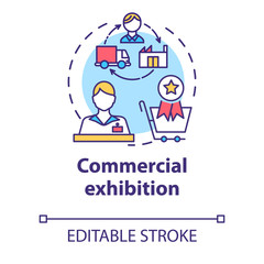 Commercial exhibition concept icon. International trading fair. Convention to buy artwork. Museum promo exposition idea thin line illustration. Vector isolated outline drawing. Editable stroke