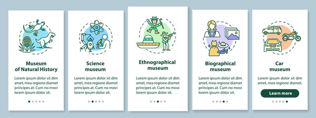 Exhibition and museum onboarding mobile app page screen with linear concepts. Natural history. Five walkthrough steps graphic instructions. UX, UI, GUI vector template with illustrations