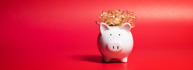 Composition with piggy bank isolated on red background.