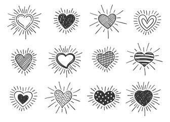 Set of doodle decorated heart shaped symbols with retro styled sun rays. Collection of different hand drawn romantic hearts for sticker, label, love logo and Valentines day design. - 310705417