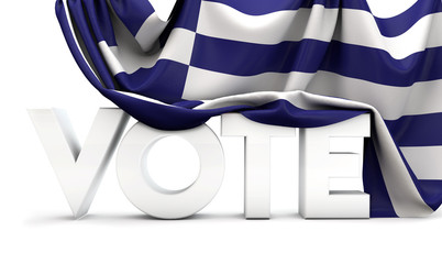 Greece vote concept. Vote word covered in national flag. 3D Render