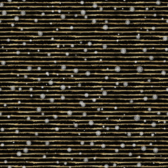 Christmas gold seamless pattern. White snowflakes on golden glitter stripes black background.