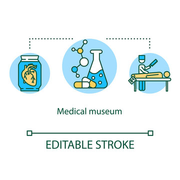 Medical museum concept icon. Scientific exposition. Body dissection and organ examination. Chemistry exhibition idea thin line illustration. Vector isolated outline drawing. Editable stroke