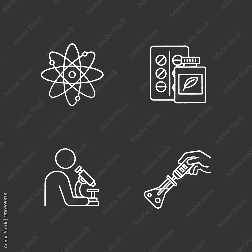 Poster science development chalk icons set. biotechnologies products. experiment methodology. working in la