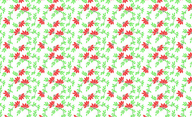 Background pattern Green leaves and red flower petals.