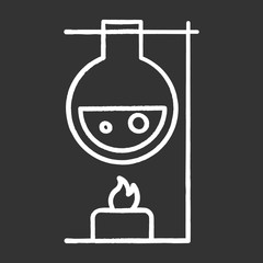 Heating laboratory flask with candle chalk icon. Conducting experiment. Laboratory work. Interaction with chemicals. Scientific research. Organic chemistry. Isolated vector chalkboard illustration